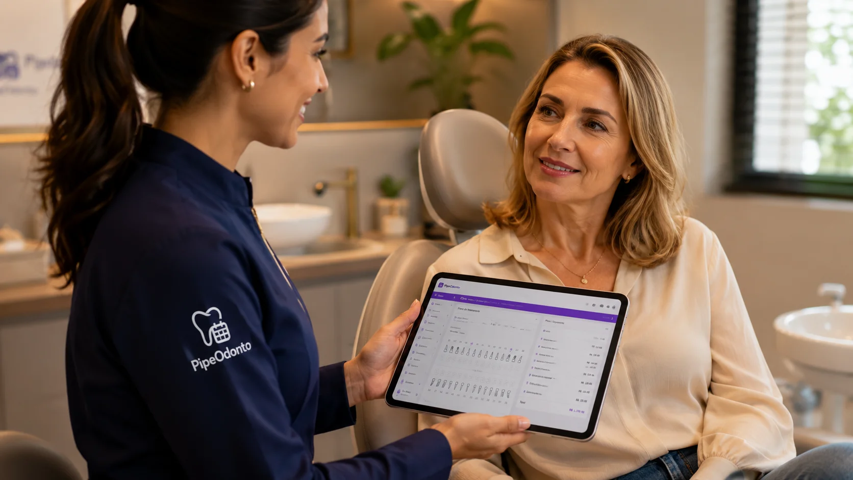 Dentista compartilhando prontuário com paciente